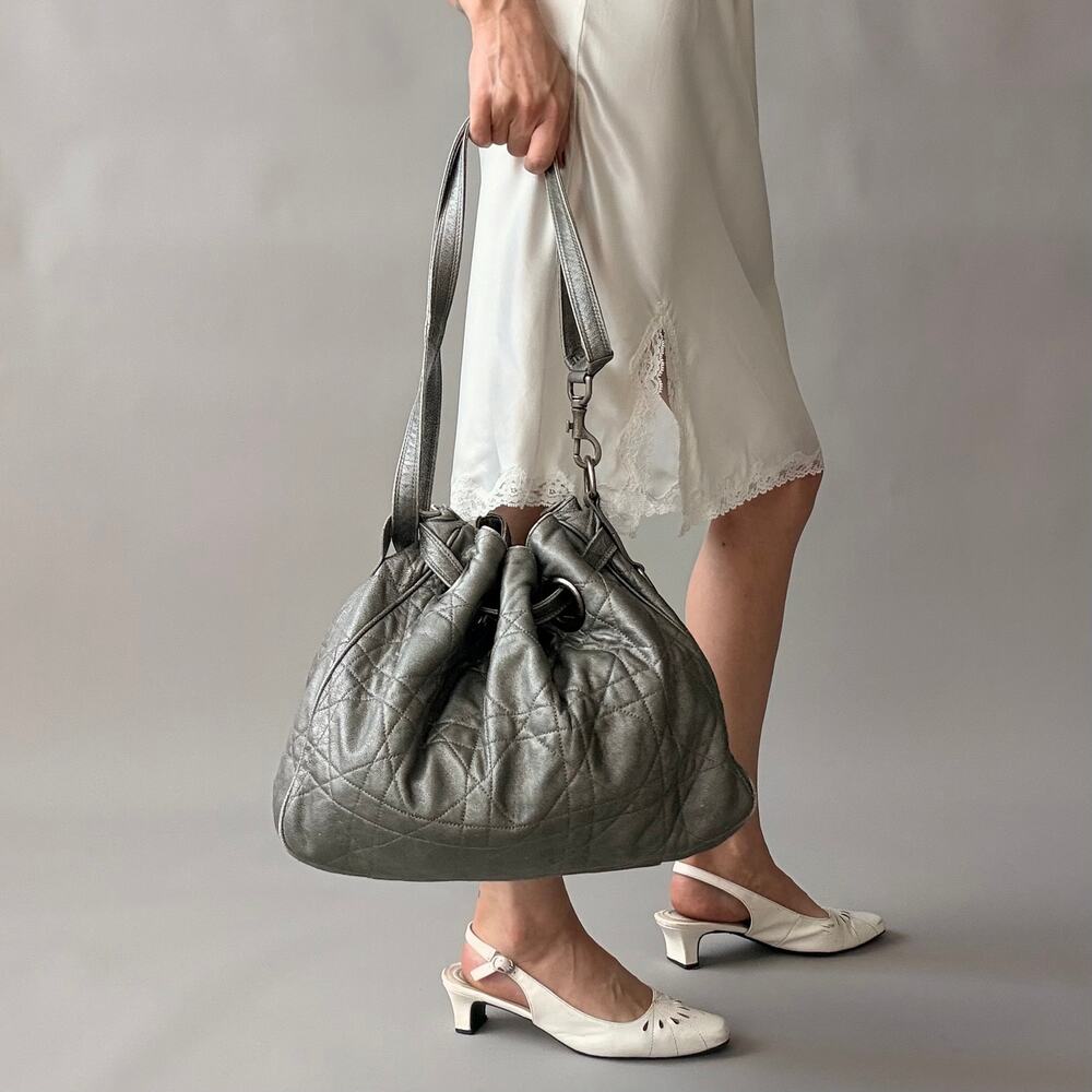 VTG Christian Dior Quilted Lambskin Leather Cannage Drawstring Bucket Bag Silver